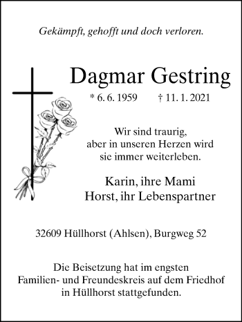 Traueranzeige von Dagmar Gestring von Westfalen-Blatt