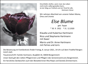 Traueranzeige von Else Blume von Westfalen-Blatt