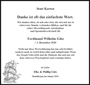 Traueranzeige von Ferdinand Wilhelm Gätz von Westfalen-Blatt