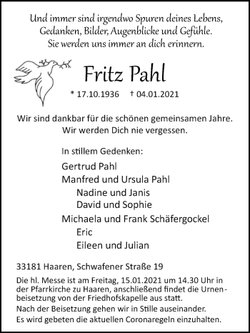 Traueranzeige von Fritz Pahl von Westfalen-Blatt