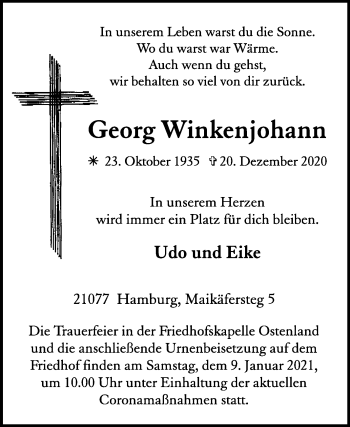 Traueranzeige von Georg Winkenjohann von Westfalen-Blatt