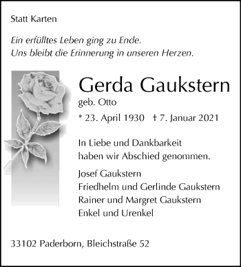 Traueranzeige von Gerda Gaukstern von Westfalen-Blatt