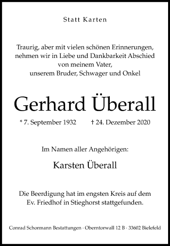 Traueranzeige von Gerhard Überall von Westfalen-Blatt