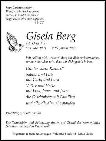 Traueranzeige von Gisela Berg von Westfalen-Blatt