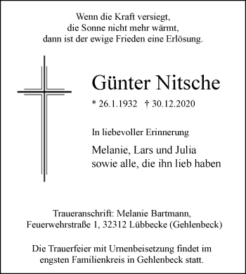 Traueranzeige von Günter Nitsche von Westfalen-Blatt