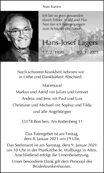 Traueranzeige von Hans-Josef Lagers von Westfalen-Blatt