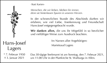 Traueranzeige von Hans-Josef Lagers von Westfalen-Blatt