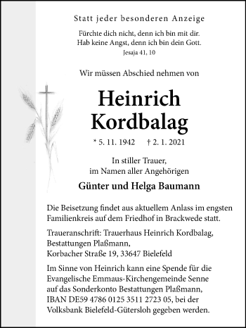 Traueranzeige von Heinrich Kordbalag von Westfalen-Blatt