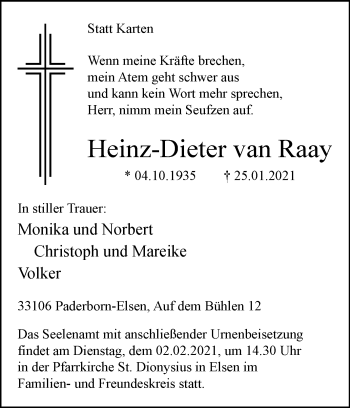 Traueranzeige von Heinz-Dieter van Raay von Westfalen-Blatt