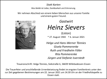 Traueranzeige von Heinz Sievers von Westfalen-Blatt