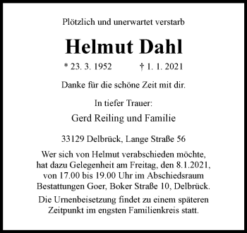 Traueranzeige von Helmut Dahl von Westfalen-Blatt