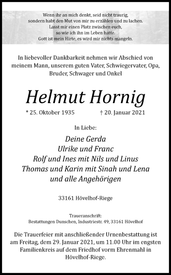 Traueranzeige von Helmut Hornig von Westfalen-Blatt