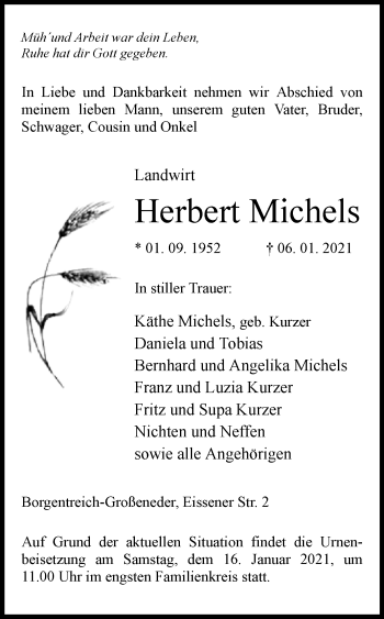 Traueranzeige von Herbert Michels von Westfalen-Blatt