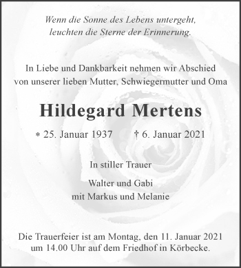 Traueranzeige von Hildegard Mertens von Westfalen-Blatt