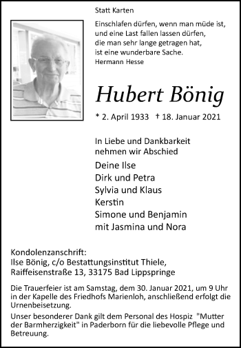 Traueranzeige von Hubert Bönig von Westfalen-Blatt