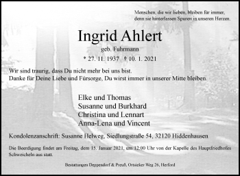 Traueranzeige von Ingrid Ahlert von Westfalen-Blatt