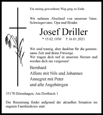 Traueranzeige von Josef Driller von Westfalen-Blatt