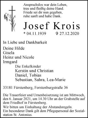 Traueranzeige von Josef Krois von Westfalen-Blatt