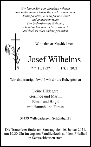 Traueranzeige von Josef Wilhelms von Westfalen-Blatt