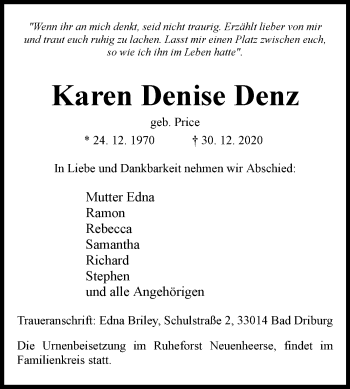 Traueranzeige von Karen Denise Denz von Westfalen-Blatt