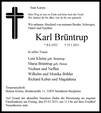 Traueranzeige von Karl Brüntrup von Westfalen-Blatt