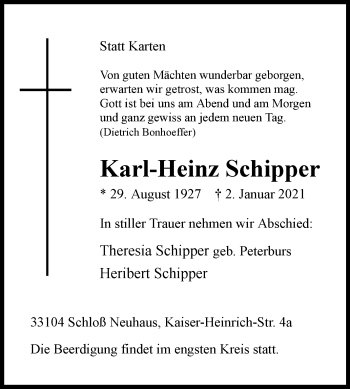 Traueranzeige von Karl-Heinz Schipper von Westfalen-Blatt