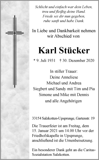 Traueranzeige von Karl Stücker von Westfalen-Blatt