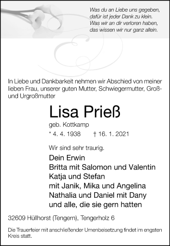 Traueranzeige von Lisa Prieß von Westfalen-Blatt