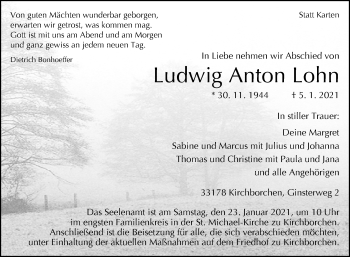 Traueranzeige von Ludwig Anton Lohn von Westfalen-Blatt