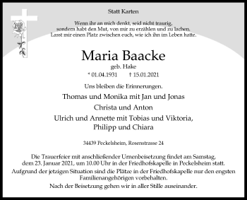 Traueranzeige von Maria Baacke von Westfalen-Blatt