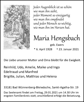 Traueranzeige von Maria Hengsbach von Westfalen-Blatt