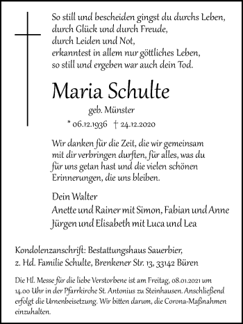 Traueranzeige von Maria Schulte von Westfalen-Blatt