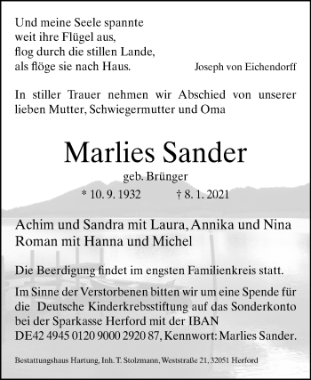 Traueranzeige von Marlies Sander von Westfalen-Blatt