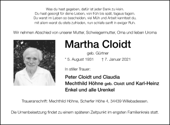 Traueranzeige von Martha Cloidt von Westfalen-Blatt