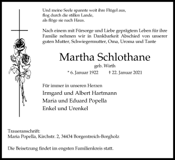 Traueranzeige von Martha Schlothane von Westfalen-Blatt