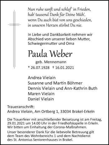 Traueranzeige von Paula Weber von Westfalen-Blatt