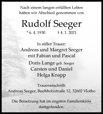 Traueranzeige von Rudolf Seeger von Westfalen-Blatt