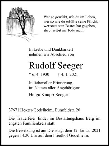 Traueranzeige von Rudolf Seeger von Westfalen-Blatt