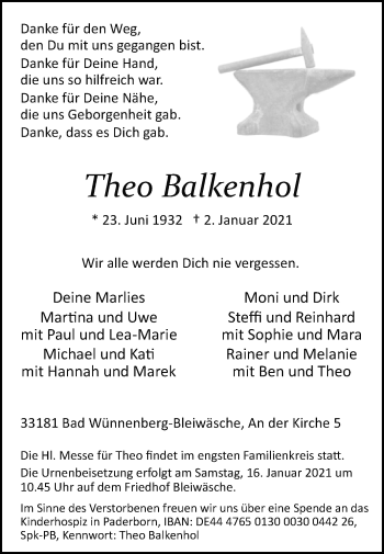 Traueranzeige von Theo Balkenhol von Westfalen-Blatt