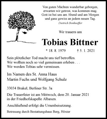 Traueranzeige von Tobias Bittner von Westfalen-Blatt