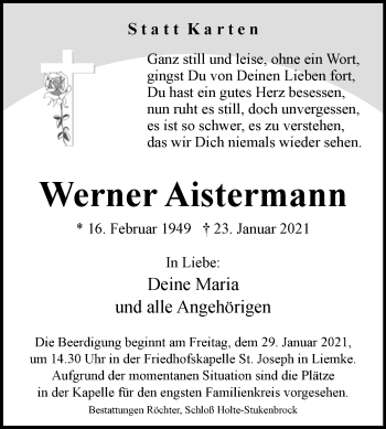 Traueranzeige von Werner Aistermann von Westfalen-Blatt