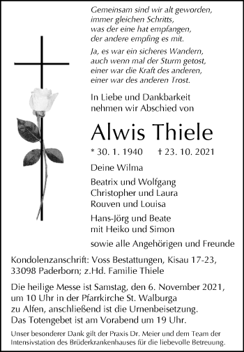 Traueranzeige von Alwis Thiele von Westfalen-Blatt