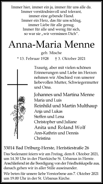 Traueranzeige von Anna-Maria Menne von Westfalen-Blatt