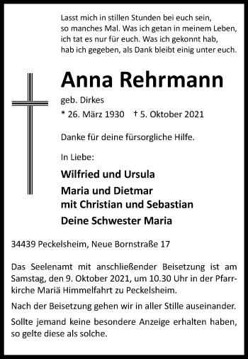 Traueranzeige von Anna Rehrmann von Westfalen-Blatt