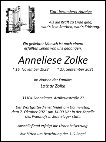 Traueranzeige von Anneliese Zolke von Westfalen-Blatt