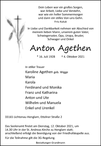 Traueranzeige von Anton Agethen von Westfalen-Blatt