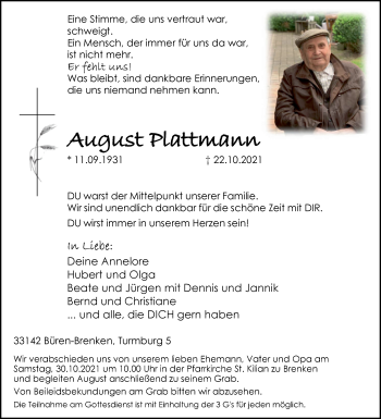 Traueranzeige von August Plattmann von Westfalen-Blatt