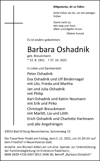 Traueranzeige von Barbara Oshadnik von Westfalen-Blatt