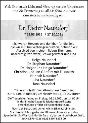 Traueranzeige von Dieter Naundorf von Westfalen-Blatt