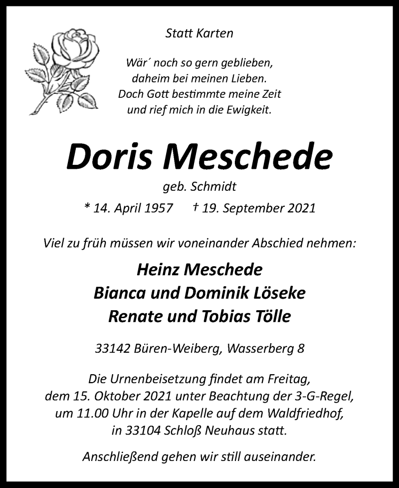  Traueranzeige für Doris Meschede vom 09.10.2021 aus Westfalen-Blatt